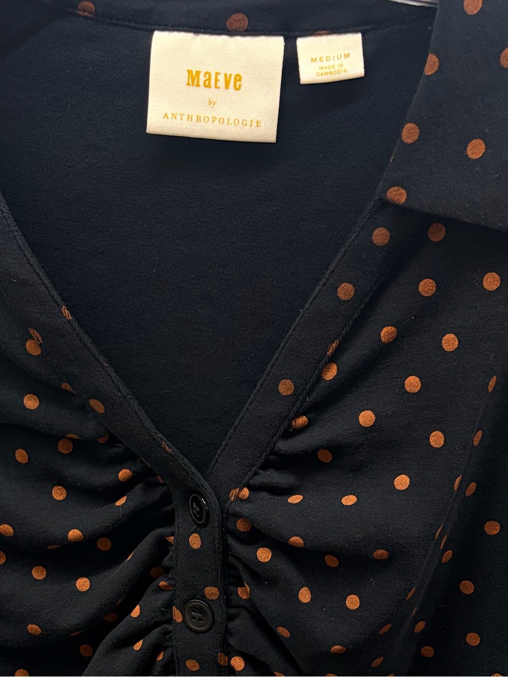 Anthropologie Maeve Navy Blue Brown Polka Dot Print Ruched Collared Crop M - Picture 4 of 5